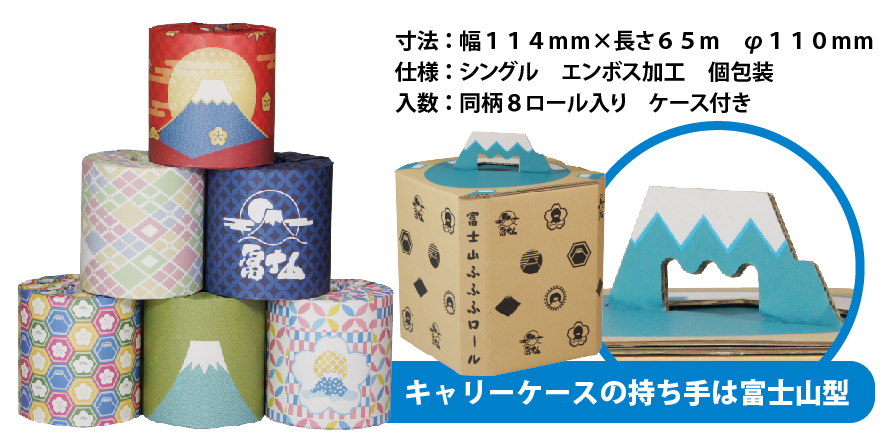 寸法 ： 幅１１４ｍｍ×長さ６５ｍ　φ１１０ｍｍ、仕様 ： シングル　エンボス加工　個包装、入数 ： 同柄８ロール入り   ケース付き、キャリーケースの持ち手は富士山型